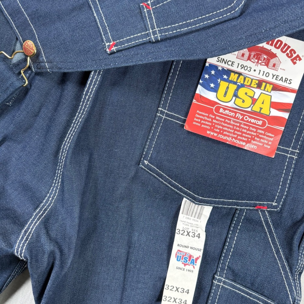 Round House Mens Blue Denim Button Fly Overalls Made in USA 32x34 New Utility